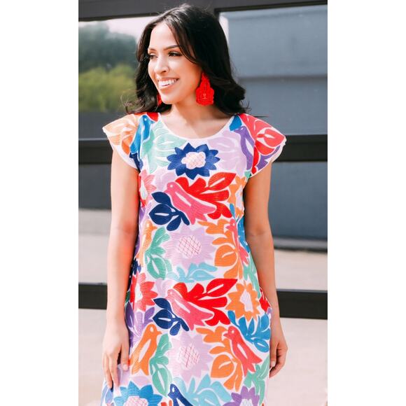 J.Marie Pink White Maya Dress Embroidered Floral Shift Dress Size X-Small - Picture 10 of 10